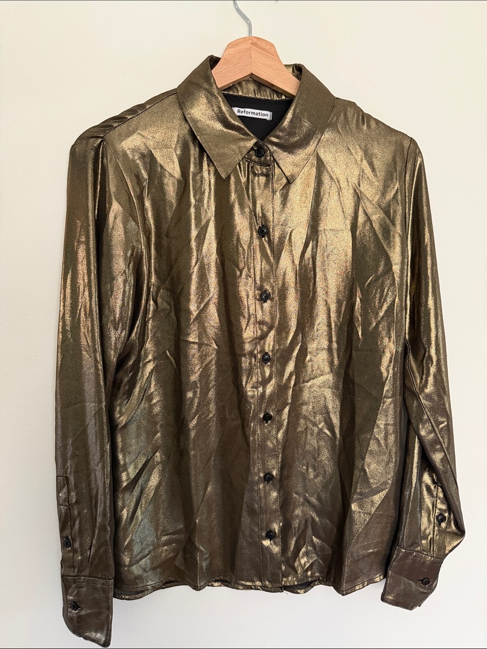 Reformation Nolan Top Metallic Gold Button-Up Shirt Jacket - Picture 7 of 9